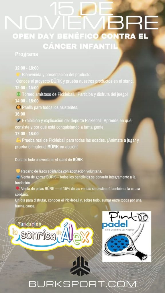Poster for the Charity Open Day for Childhood Cancer at Pinto Pádel on 15 November